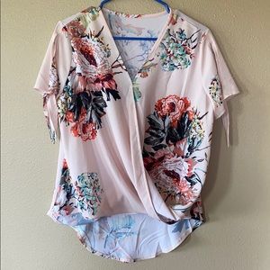 Peach/pink floral wrap blouse- size M.